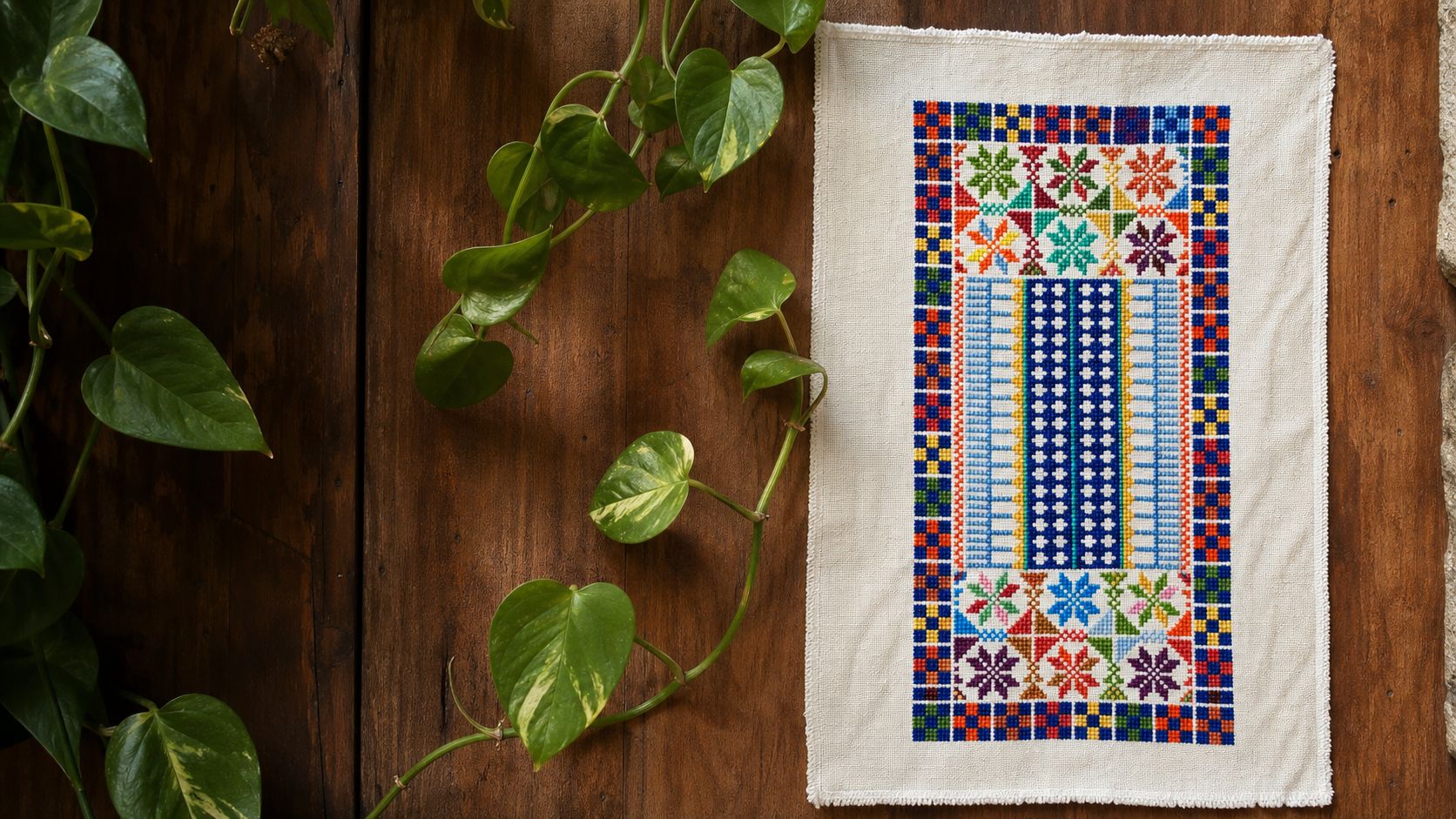 Colorful Palestinian tatreez embroidery displayed beside trailing green leaves