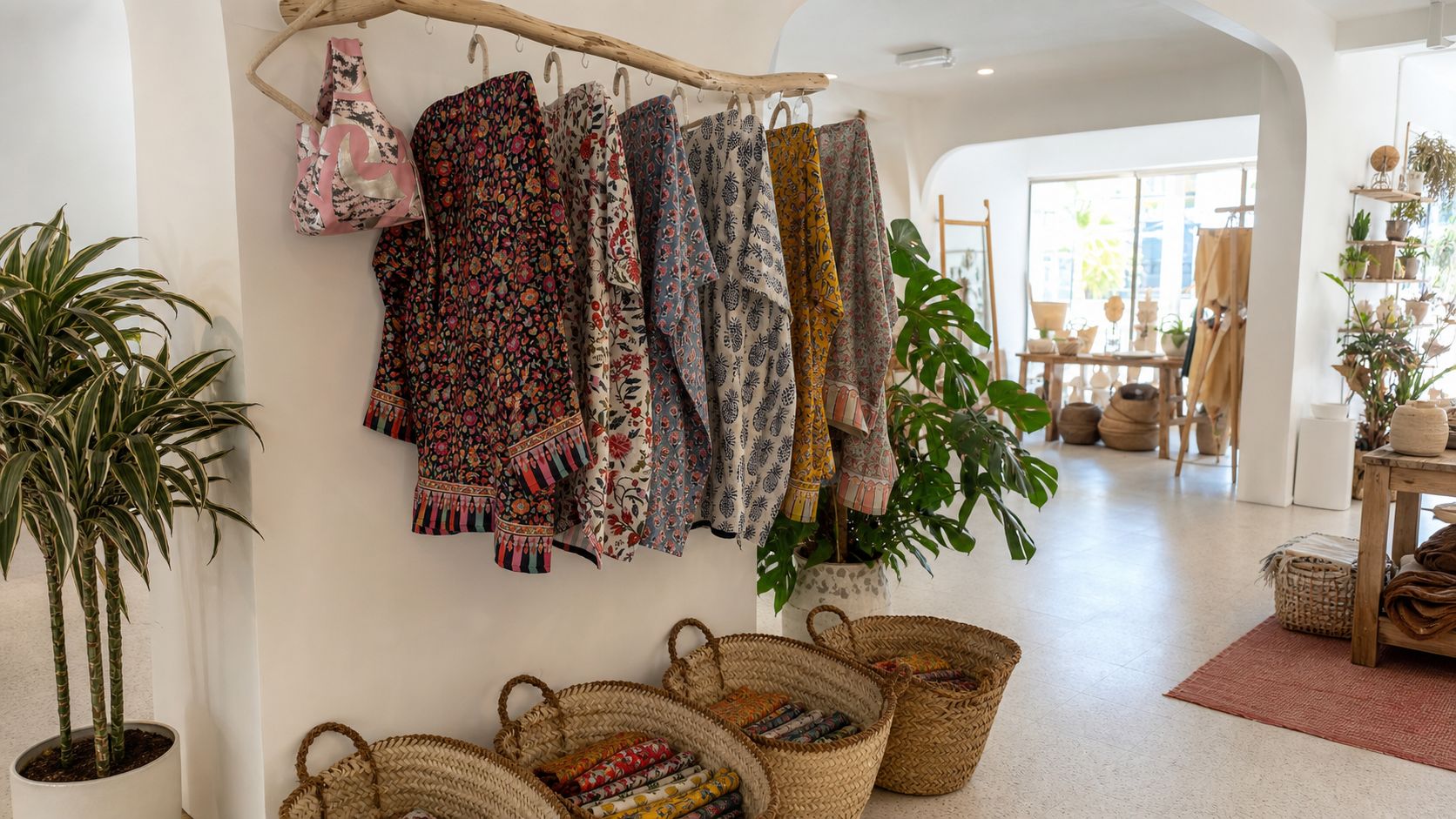 The bright Min’na interior with printed clothing, woven baskets and green plants